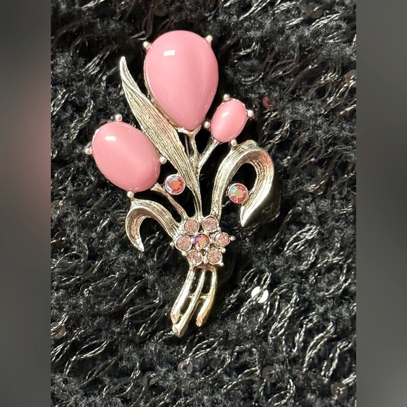 Vintage Two Tone Pink Crystals & Cabachons Flower Brooch - Picture 5 of 9